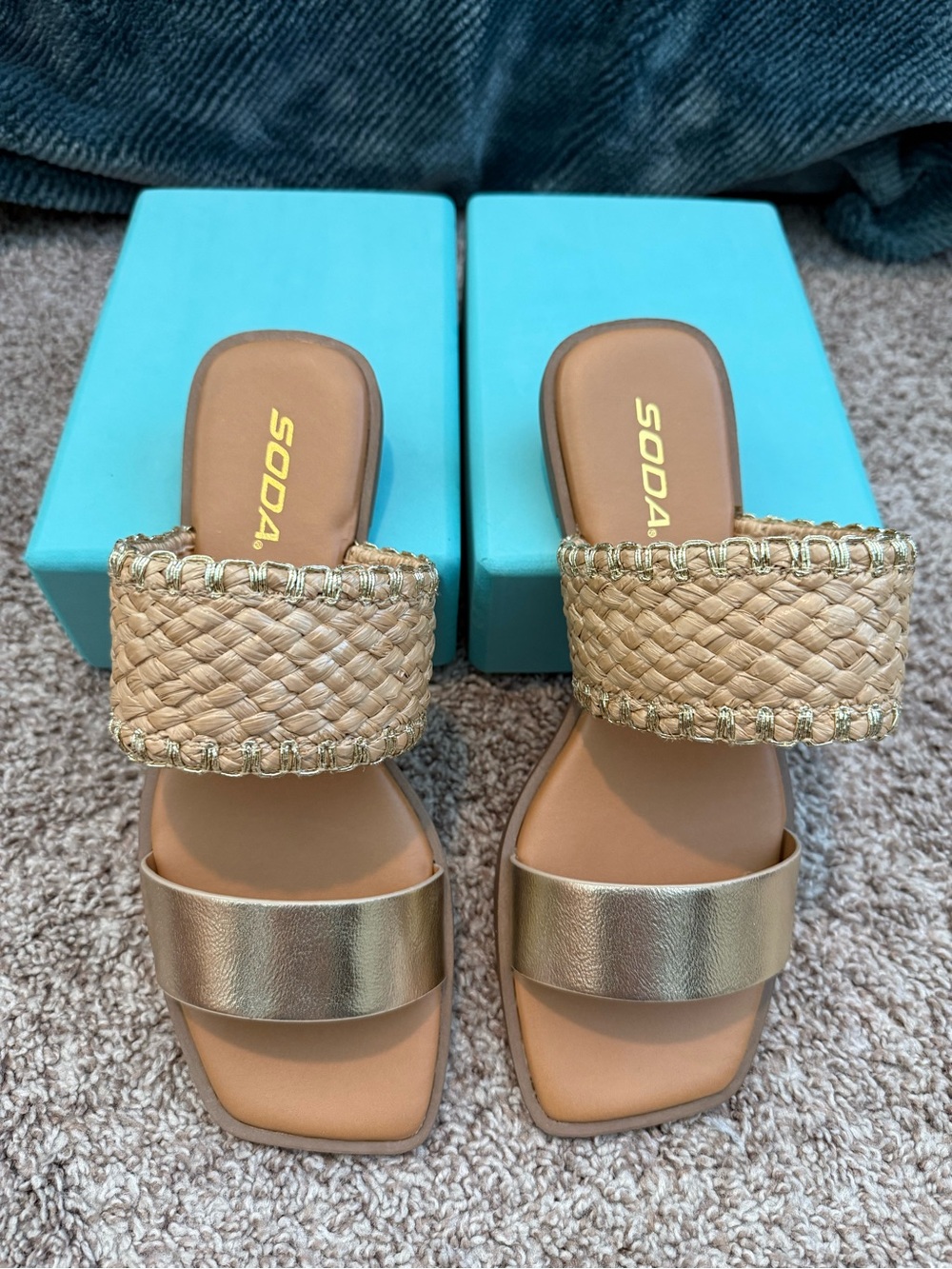 SODA Metallic Gold Braided Double-Strap Slide Sandals